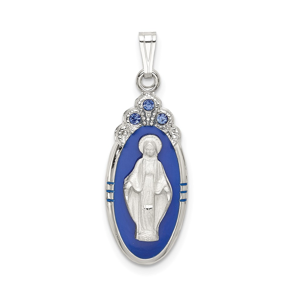 QC9113.jpg Sterling Silver Satin & D/C Epoxy & Crystal Miraculous Medal Pendant - Image 1