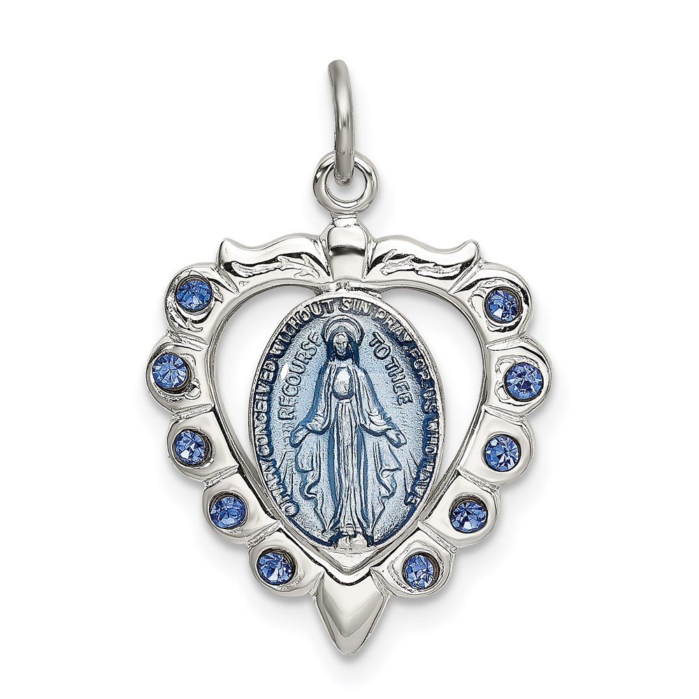 QC9115.jpg Sterling Silver Epoxy & Crystal Miraculous Medal Heart Pendant - Image 1