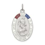 Sterling Silver Satin/Polished/D/C Enamel St Christopher Medal
