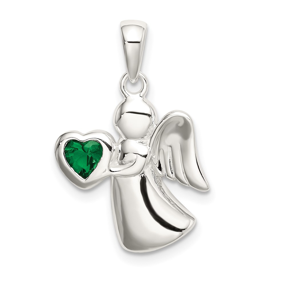 QC9145.jpg Sterling Silver Angel w/Dark Green CZ Heart Pendant - Image 1
