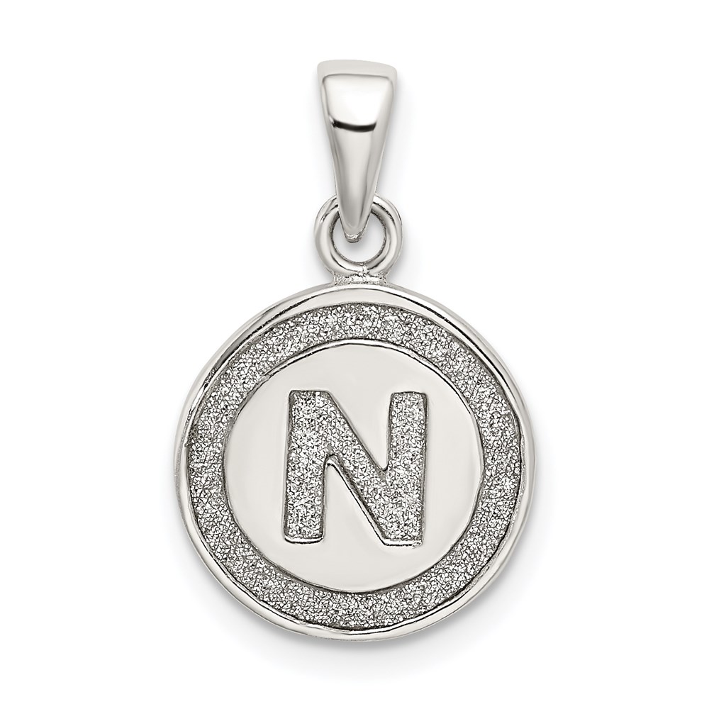 QC9180N.jpg Sterling Silver Glitter Enamel Letter N Inital Circle Pendant - Image 1