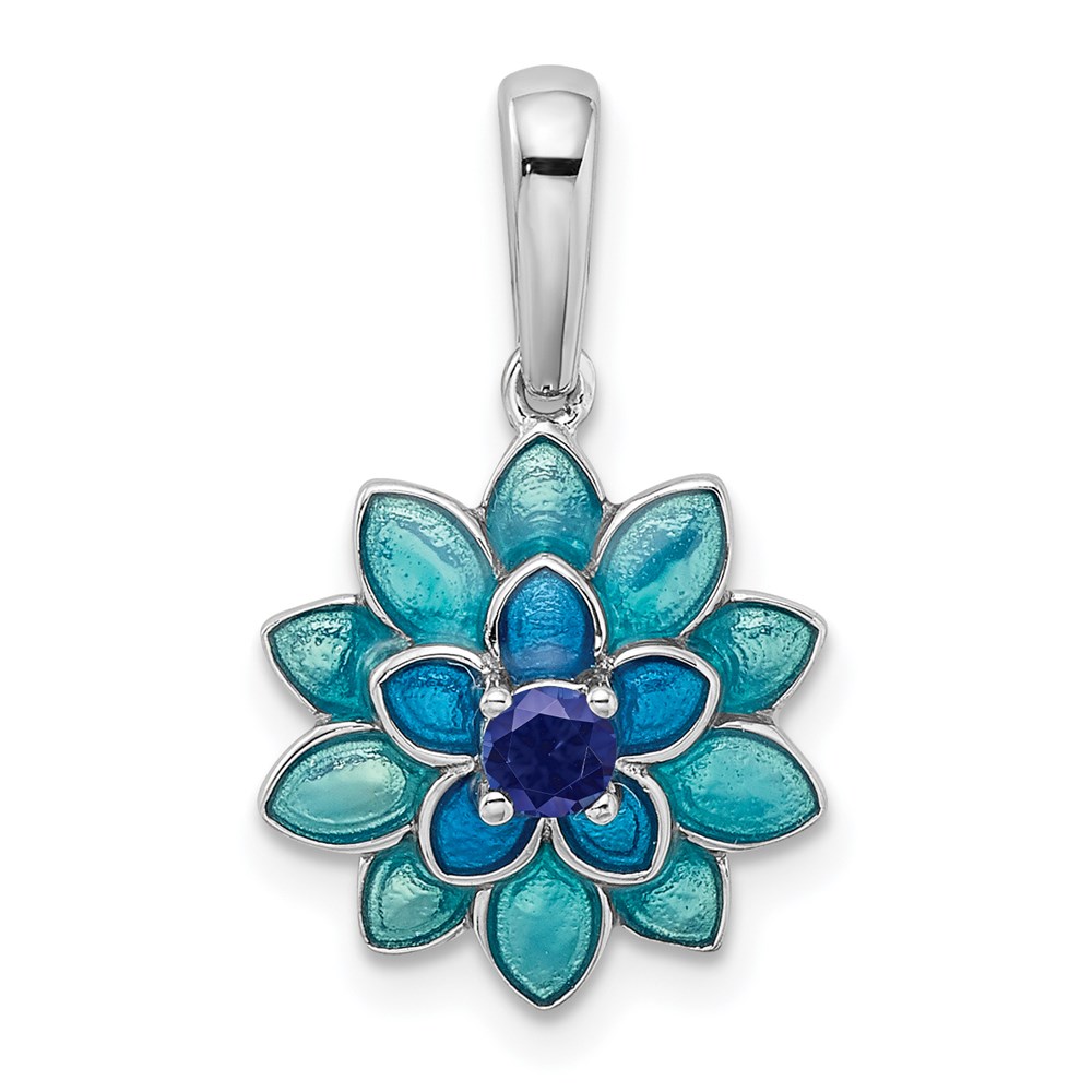 QC9318.jpg Sterling Silver Rhod-pltd Created Sapphire and Enamel Flower Pendant - Image 1