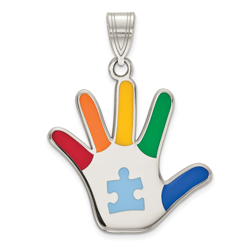 QC9343.jpg Sterling Silver Rhod-plate Enamel Autism w/Puzzle Piece Handprint Pendant - Image 1