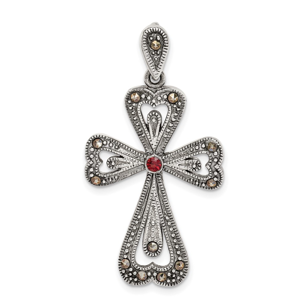 QC9363.jpg Sterling Silver Antiqued Marcasite and Garnet Cross Pendant - Image 1