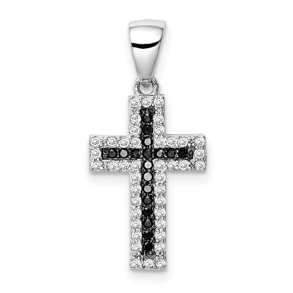 QC9395.jpg Sterling Silver Rhodium-plated Black and Clear CZ Cross Pendant - Image 1