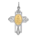 Sterling Silver Platinum-plated Gold Tone Miraculous Medal Cross Pendant