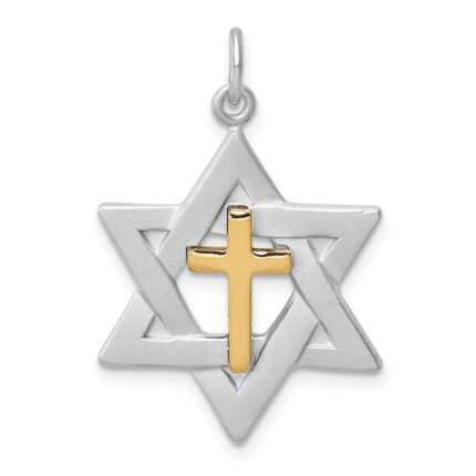 Sterling Silver Platinum-plated Gold Tone Cross Star of David Charm Pendant