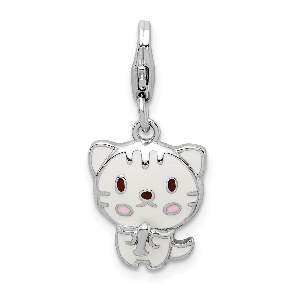 QC9526.jpg Sterling Silver Rhodium-plated Enameled Kitten w/Lobster Clasp Charm - Image 1