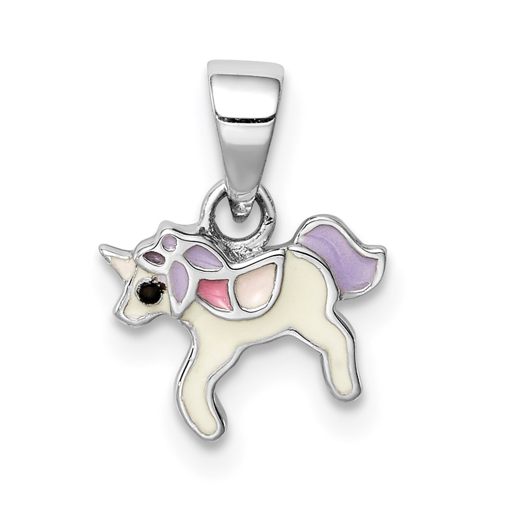 QC9663.jpg Sterling Silver RH-plated Multi-color Enameled Unicorn Children's Pendant - Image 1