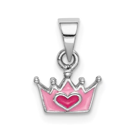 Sterling Silver RH-plated Pink Enameled Heart Crown Children's Pendant