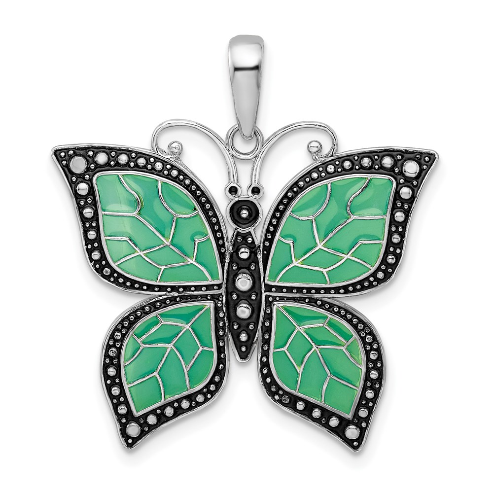 QC9770.jpg De-Ani Sterling Silver Rhodium-Plated Polished Enameled Aqua Butterfly Pendant - Image 1