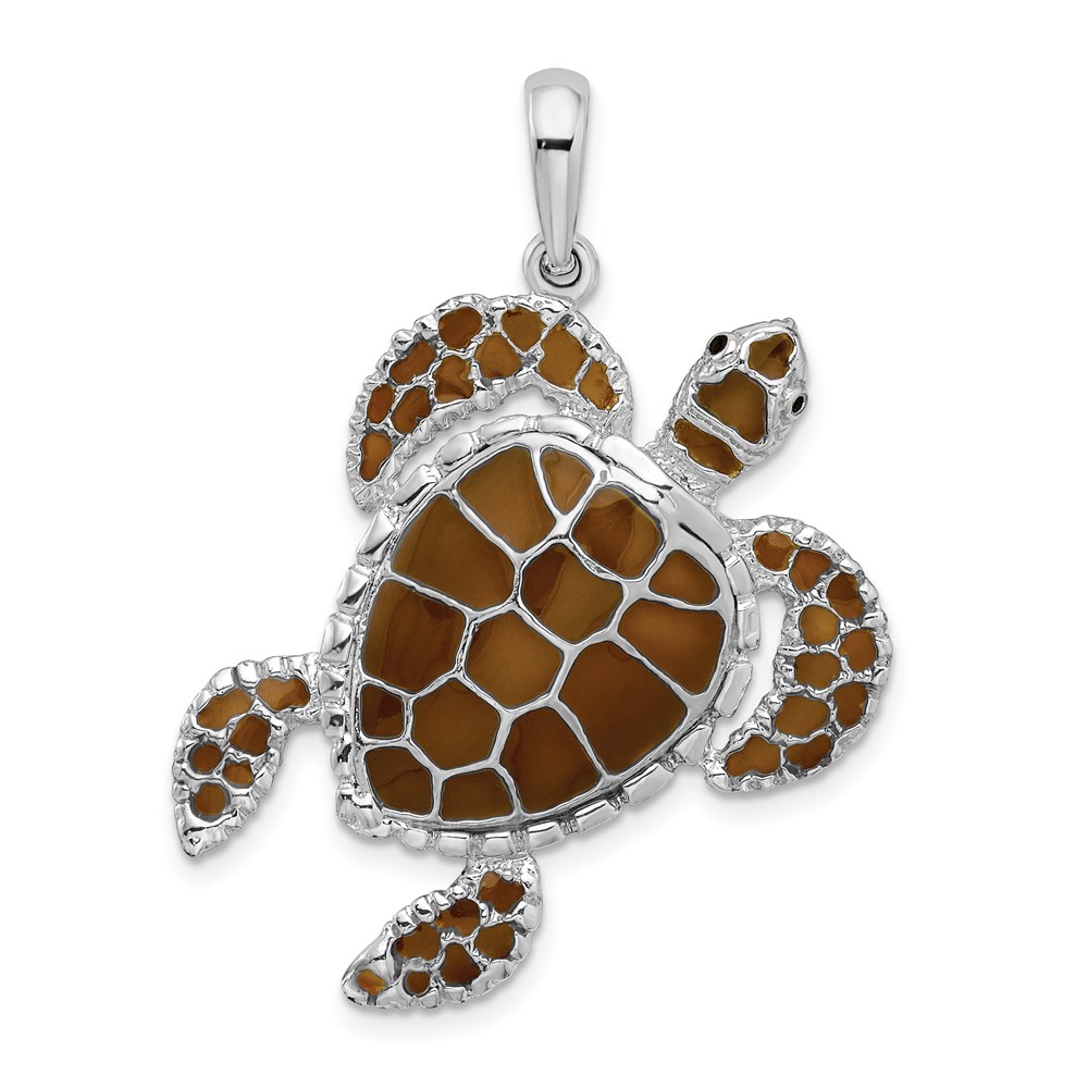 QC9778.jpg De-Ani Sterling Silver Rhodium-Plated Polished Enameled Brown Sea Turtle Pendant - Image 1