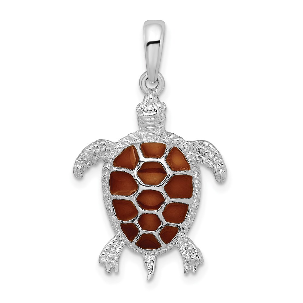 QC9779.jpg De-Ani Sterling Silver Rhodium-plated Polished Enameled Brown Sea Turtle Pendant - Image 1