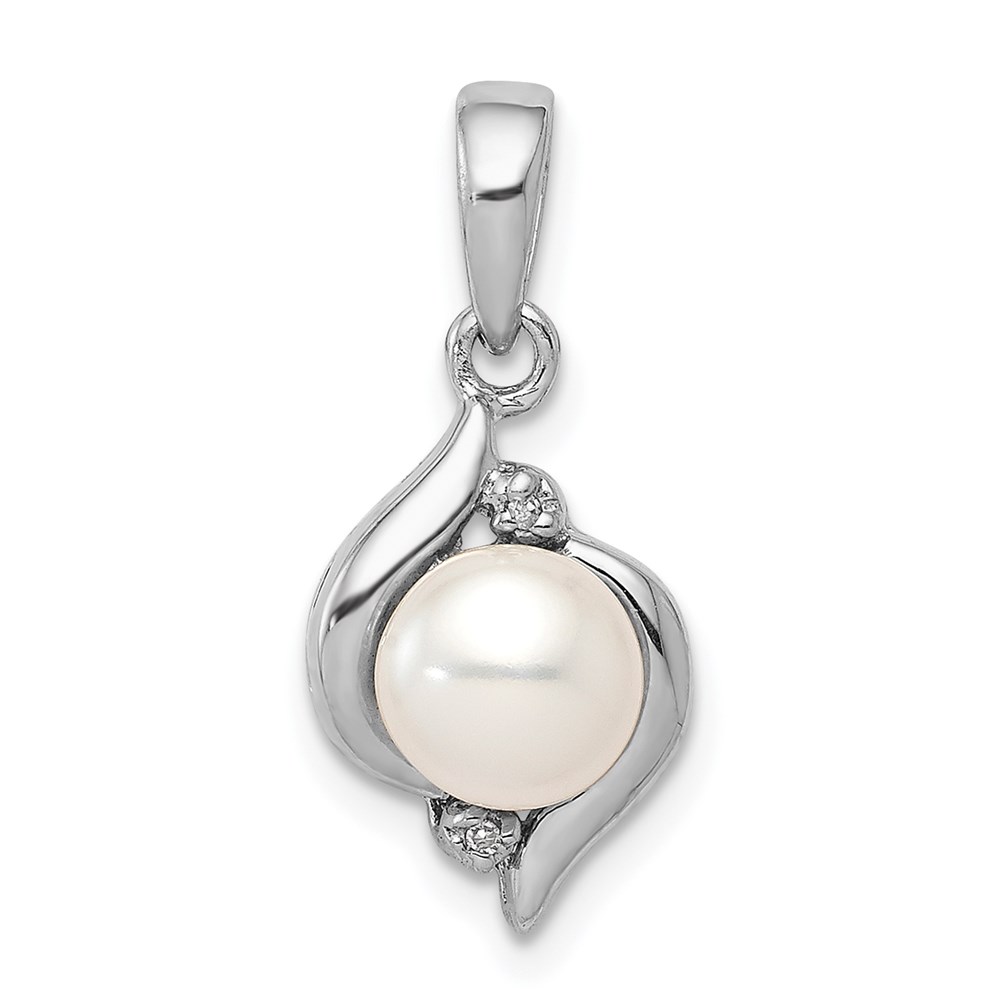 QDX304.jpg Sterling Silver Rhodium 6mm FW Cultured Pearl & Diamond Pendant - Image 1