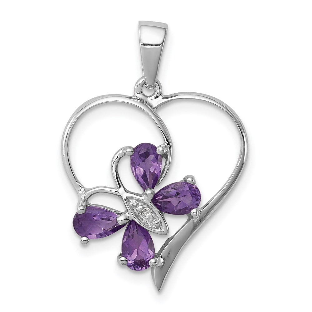 QDX366.jpg Sterling Silver RH Plated Amethyst and Diamond Butterfly Heart Pendant - Image 1