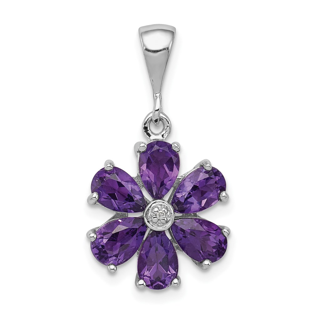 QDX375.jpg Sterling Silver Rhodium Plated Amethyst and Diamond Flower Pendant - Image 1