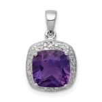Sterling Silver Rhodium Plated Amethyst and Diamond Pendant
