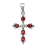 Sterling Silver Rhodium Pear Garnet Cross Pendant