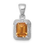 Sterling Silver Rhodium Emerald-cut Citrine & Diamond Pendant