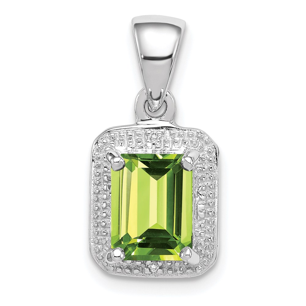 QDX814.jpg Sterling Silver Rhodium Plated Emerald-cut Peridot and Diamond Pendant - Image 1