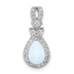 Sterling Silver Rhodium-plated Polished Lab Created Opal and CZ Teardrop Halo Chain Slide Pendant