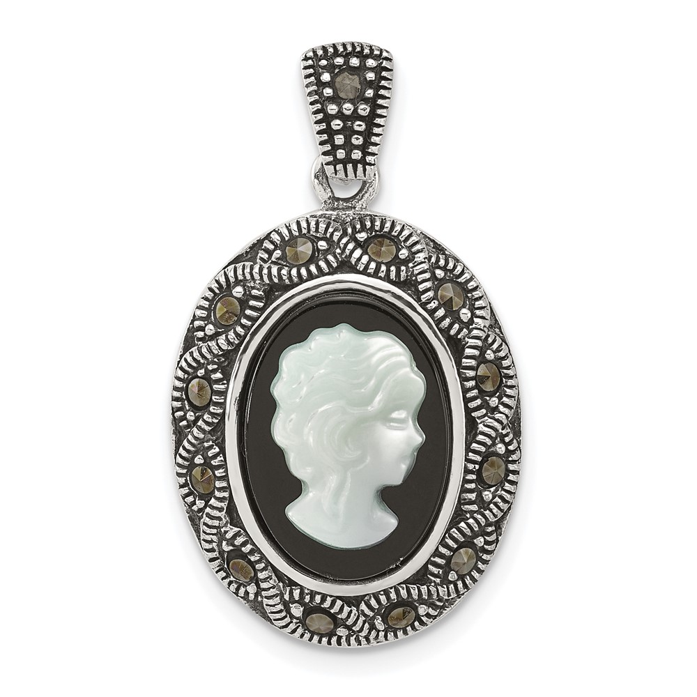 QG7180P.jpg Sterling Silver Antiqued Marcasite with Black Agate and Mother of Pearl Cameo Pendant - Image 1