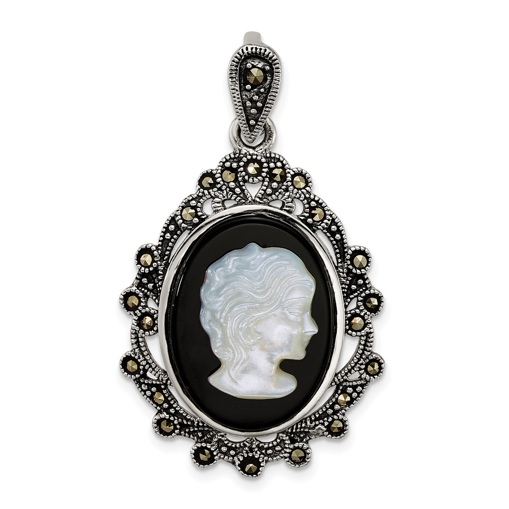 QG7182P.jpg Sterling Silver Antiqued Marcasite with Black Agate and Mother of Pearl Cameo Pendant - Image 1