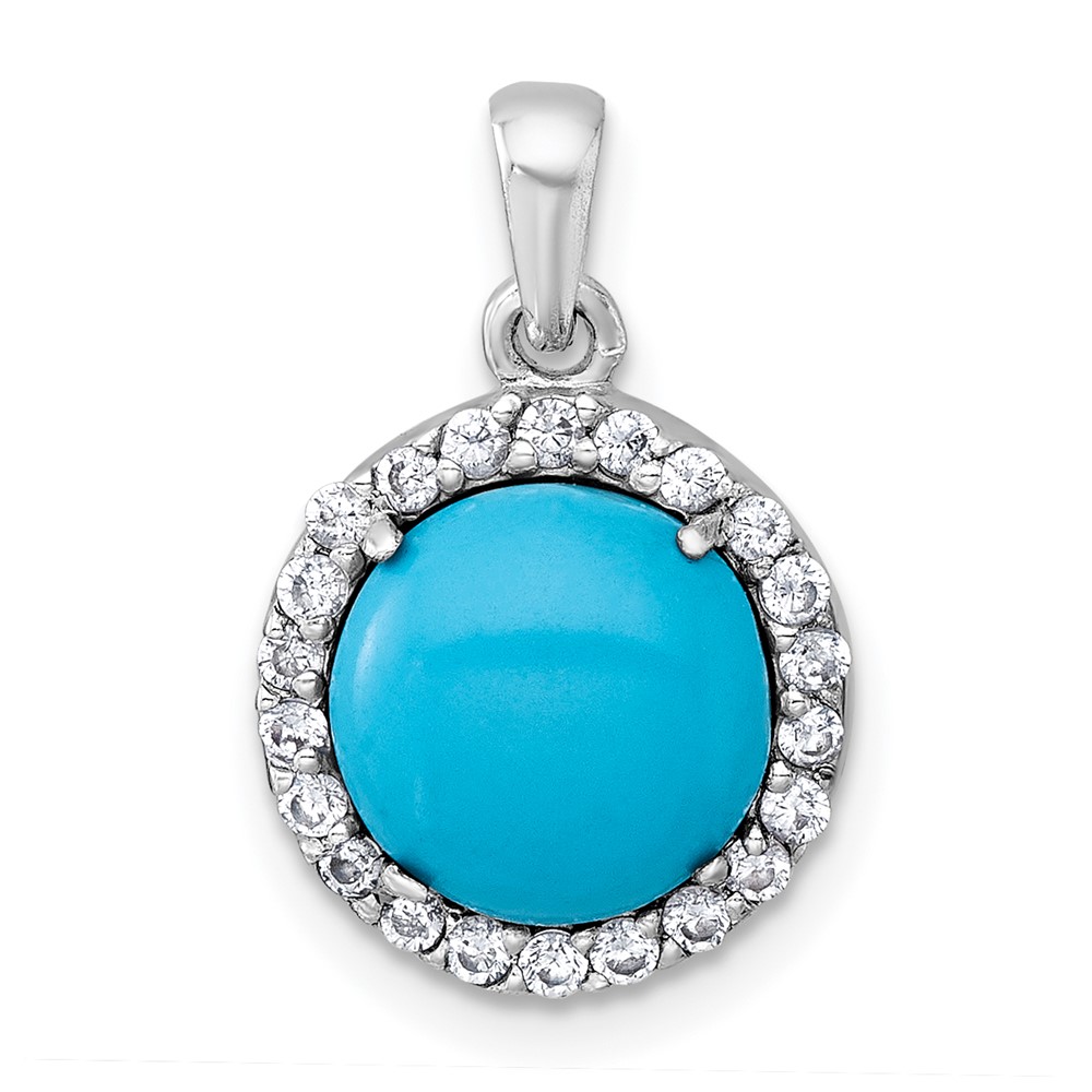 QG7185P.jpg Sterling Silver Rhodium-plated Polished CZ Halo and Reconstituted Turquoise Cabochon Circle Pendant - Image 1