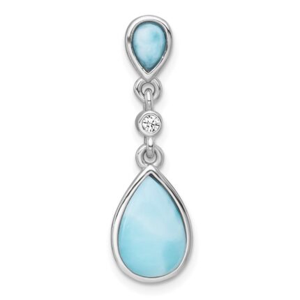 Sterling Silver Rhodium-plated Polished Pear Larimar Cabochon and CZ Teardrop Chain Slide Pendant