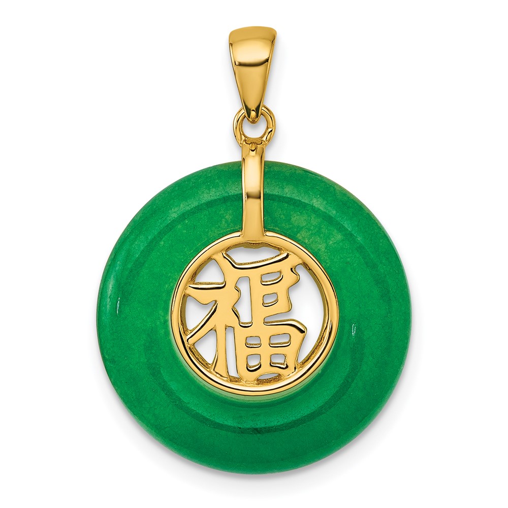 QG7192P.jpg Sterling Silver Gold-tone Polished Good Luck Dangle Green Chalcedony Circle Pendant - Image 1