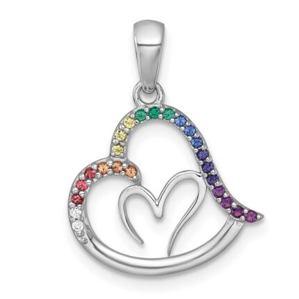 Sterling Silver Rhodium-plated Polished Rainbow Nano Crystals Double Heart Pendant