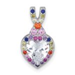 Sterling Silver Rhodium-plated Polished Multi-color Rainbow CZ Heart Halo Chain Slide Pendant