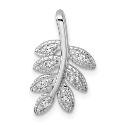 Sterling Silver Rhodium-plated Polished CZ Leaf Chain Slide Pendant