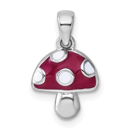 Sterling Silver Rhodium-plated Polished Red and White Enameled Mushroom Pendant