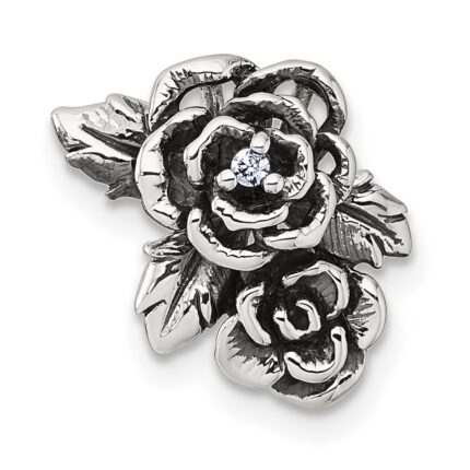 Sterling Silver Antiqued Polished CZ Flowers Chain Slide Pendant