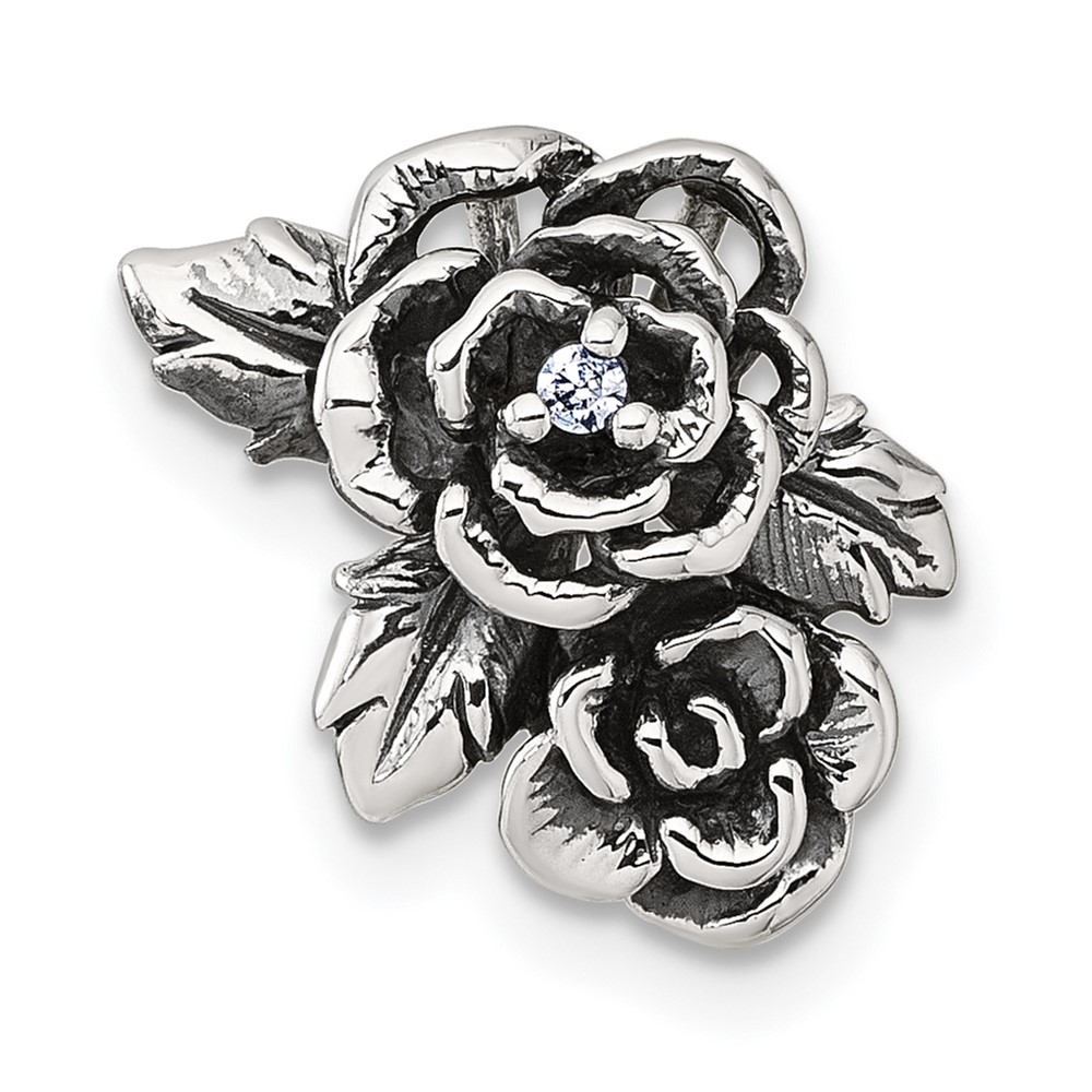 QG7232P.jpg Sterling Silver Antiqued Polished CZ Flowers Chain Slide Pendant - Image 1