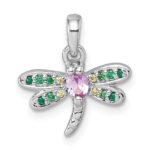 Sterling Silver Rhodium-plated Polished Green, Yellow and Pink CZ Dragonfly Pendant