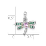 Sterling Silver Rhodium-plated Polished Green, Yellow and Pink CZ Dragonfly Pendant - Image 4