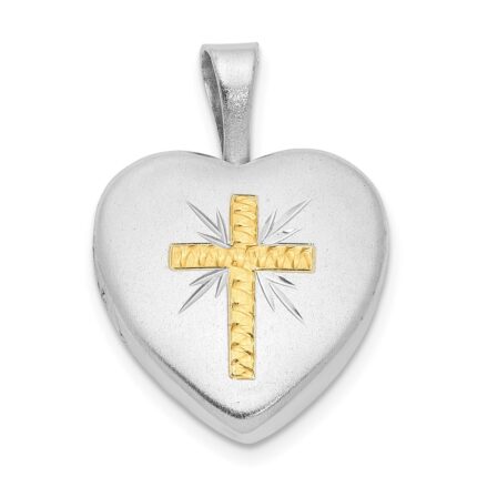 Sterling Silver Platinum-plated & Gold Tone Satin & D/C Cross Heart Locket