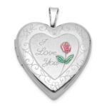 Sterling Silver Rh-plate Polish/Satin Epoxy 20mm I Love You Rose Locket