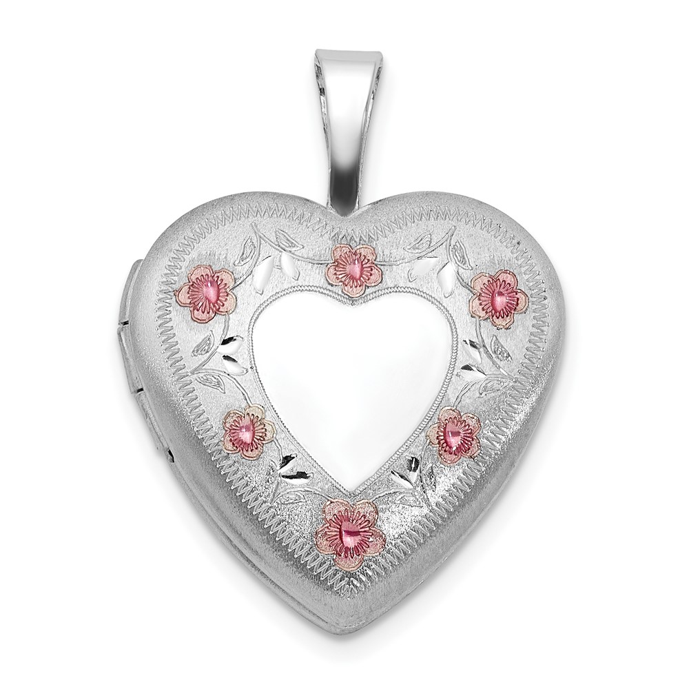 QLS1122.jpg Sterling Silver RH-plated Polished / Satin Epoxy 16mm Floral Heart Locket - Image 1