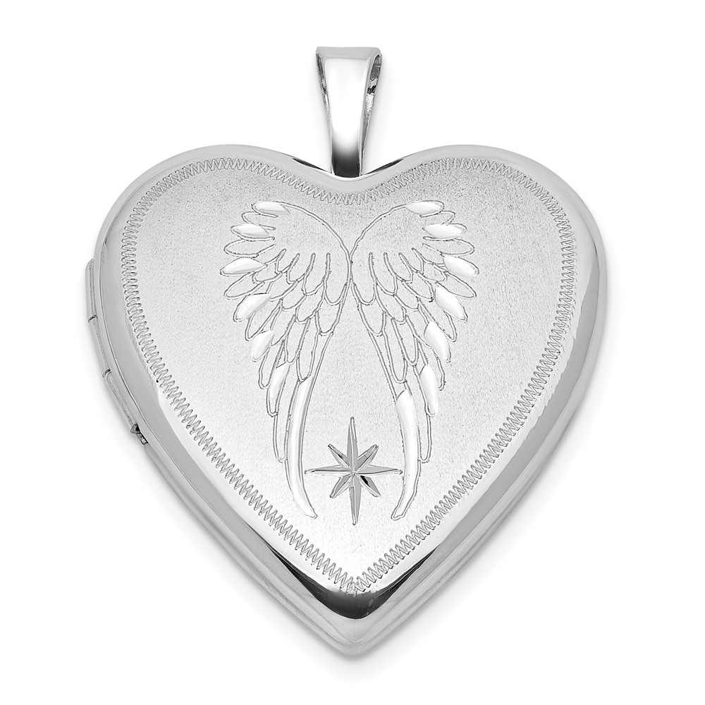 QLS1128.jpg Sterling Silver RH-plated Satin/Polished Angel Wings 20mm Heart Locket - Image 1