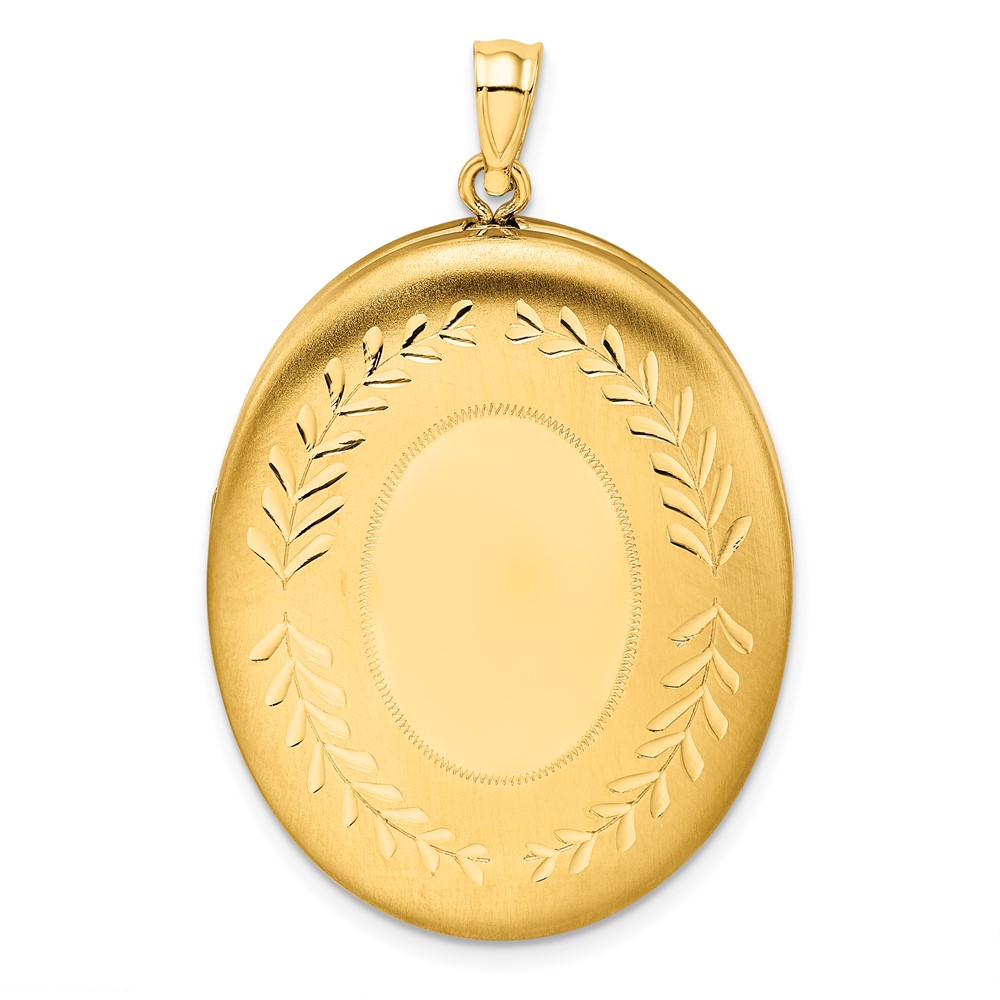 QLS113.jpg 1/20 14K Gold Filled 34mm Polished/Satin Leaf Border 2-Frame Oval Locket - Image 1