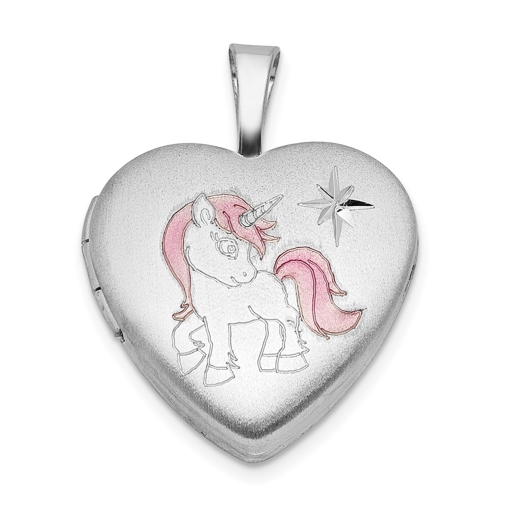 QLS1148.jpg Sterling Silver RH-plated Epoxy Satin Polished Unicorn 16mm Heart Locket - Image 1