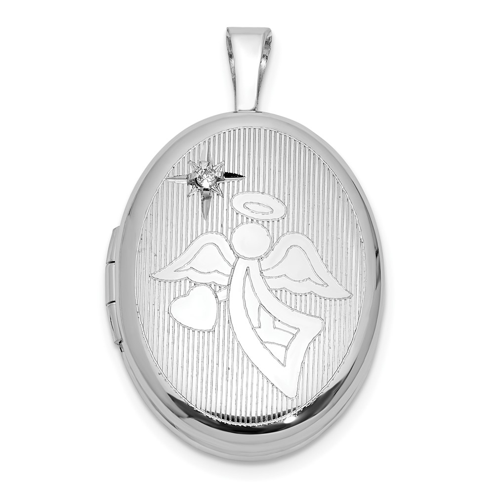 QLS1160.jpg Sterling Silver Rhodium-plated Diamond 19mm Angel Oval Locket - Image 1