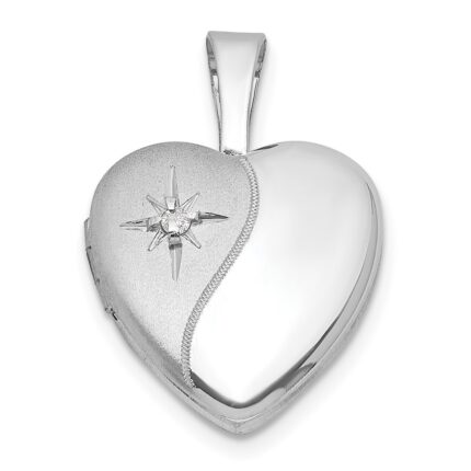 Sterling Silver Rhodium-plated Brushed And Polished 1/20 carat Diamond 12mm Heart Locket
