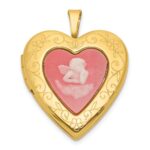 Sterling Silver Gold-plated Polished Front/Brushed Back Pink Angel Resin Cameo 20mm Heart Locket