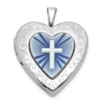 Sterling Silver Rhodium-plated Polished Front/Brushed Back Blue Cross Resin Cameo 20mm Heart Locket