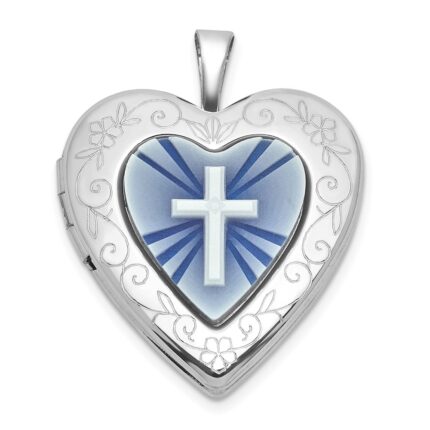 Sterling Silver Rhodium-plated Polished Front/Brushed Back Blue Cross Resin Cameo 20mm Heart Locket