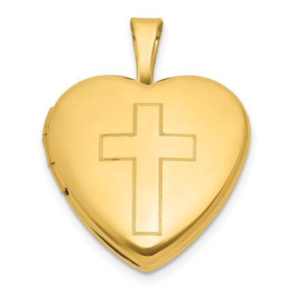 Sterling Silver Gold-plated Polished Front/Brushed Back Engraved Cross 16mm Heart Locket